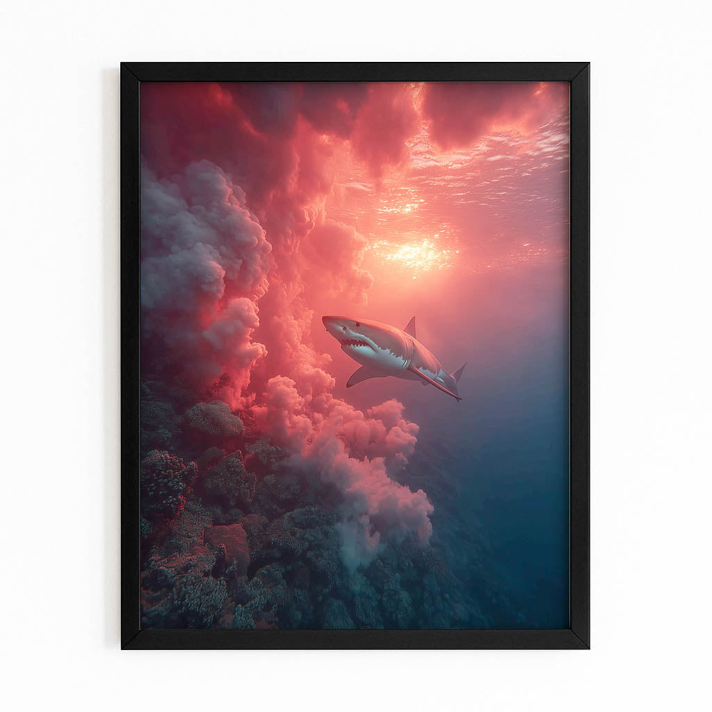 Scarlet Cloud Reef Shark Wall Art – with Premium Black frame on white background