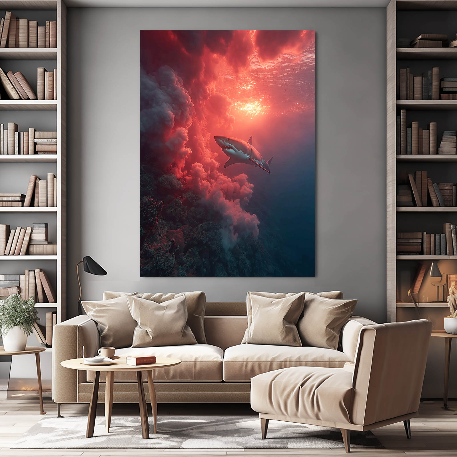 Scarlet Cloud Reef Shark Wall Art – styled in a furnished interior