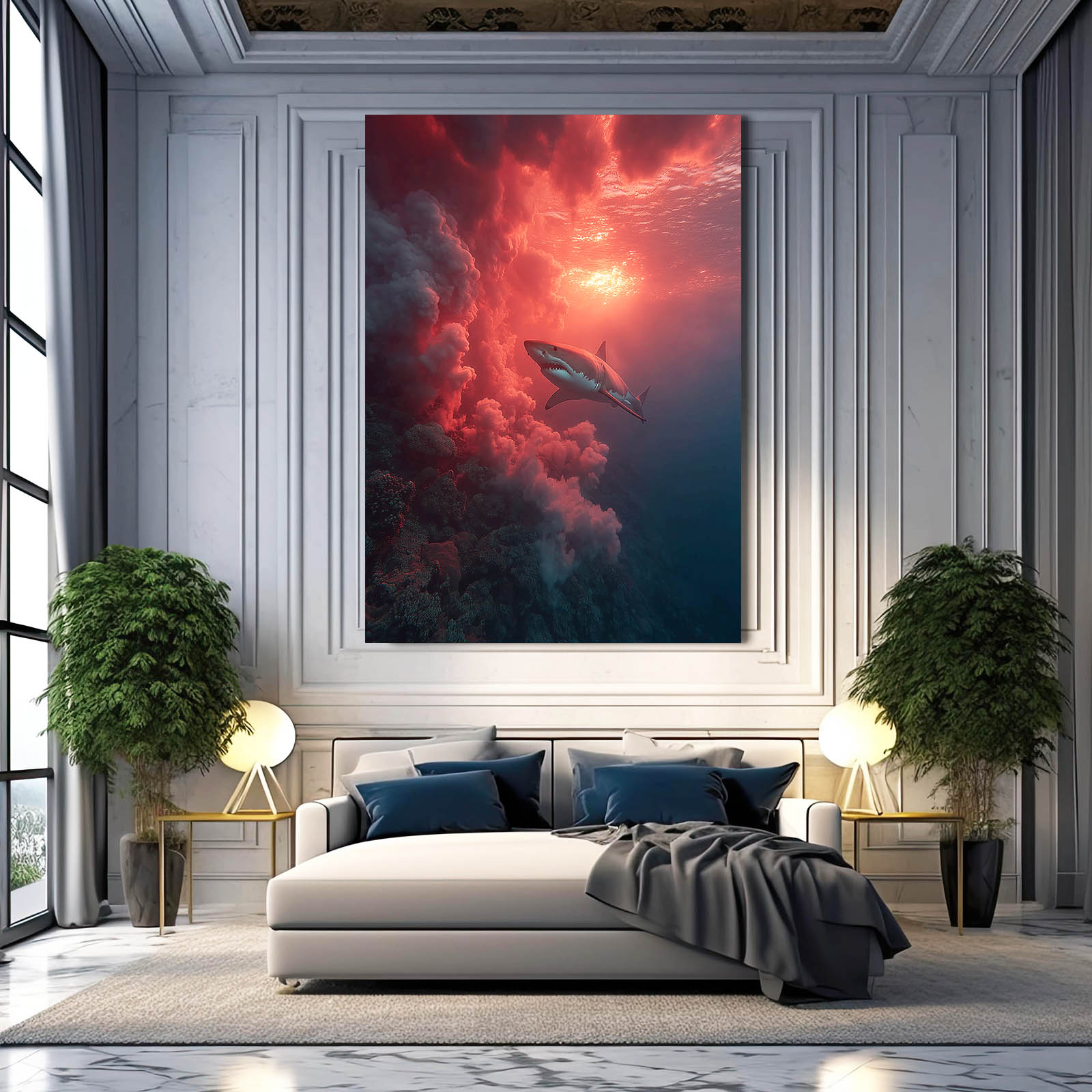 Scarlet Cloud Reef Shark Wall Art – styled in a furnished interior