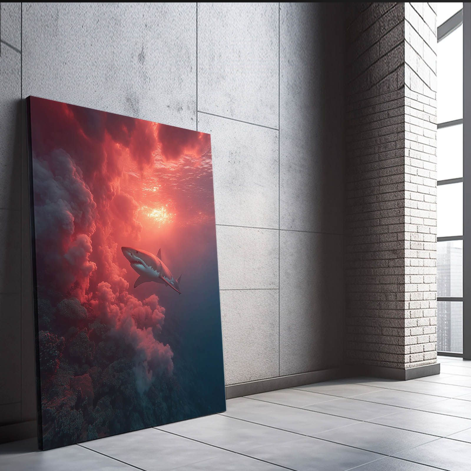 Scarlet Cloud Reef Shark Wall Art – styled in a furnished interior