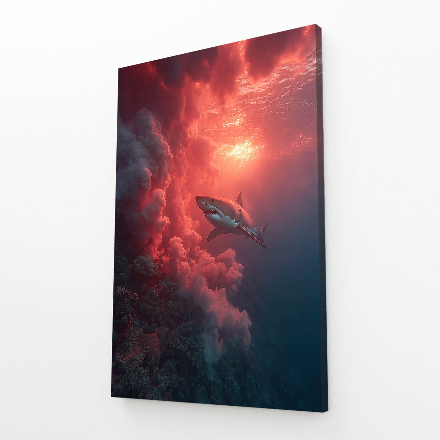 Scarlet Cloud Reef Shark Wall Art – angled canvas view on white background