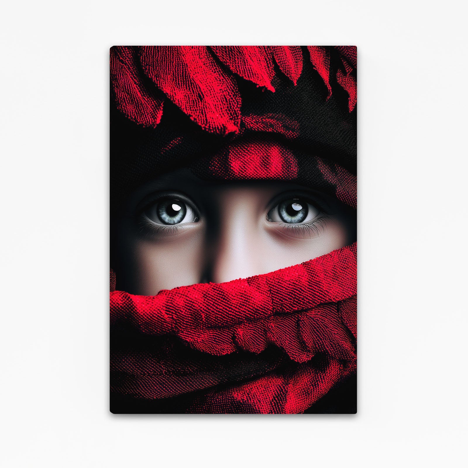 Scarlet Feathers Print Photography – piercing blue eyes above a wrap of scarlet feathers