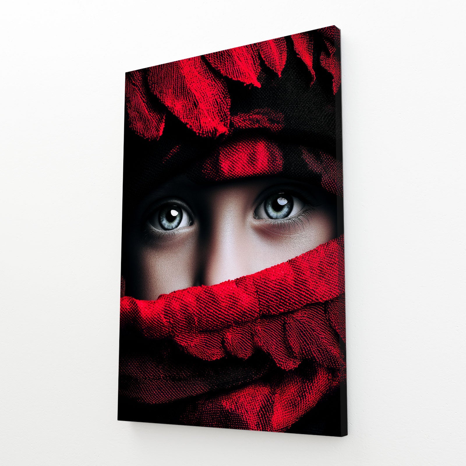 Scarlet Feathers Print Photography – angled canvas view on white background