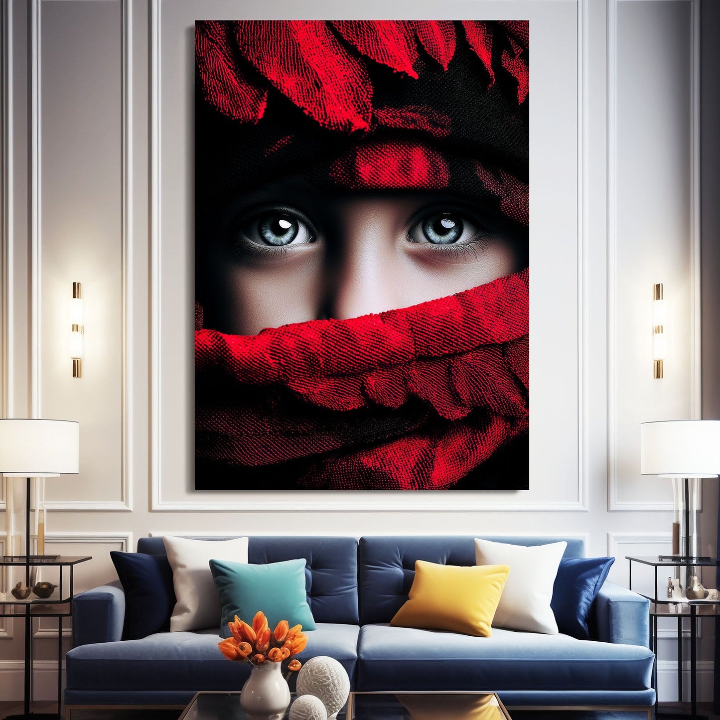 Scarlet Feathers Print Photography – above a navy sofa in a classic living room