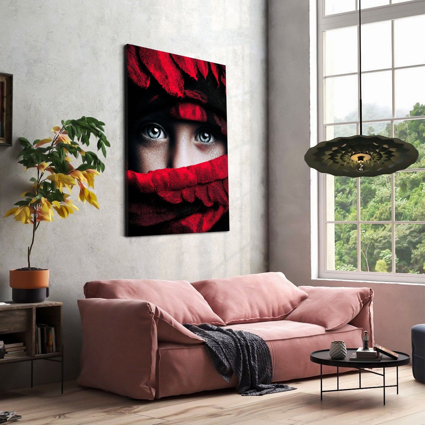 Scarlet Feathers Print Photography – beside a pink sofa in a sunlit room
