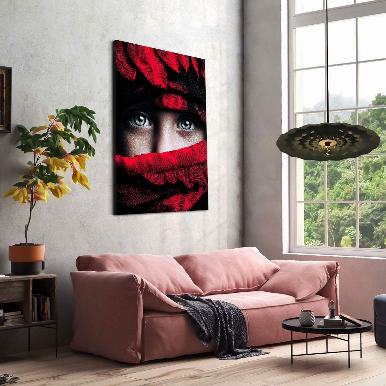 Scarlet Feathers Print Photography – beside a pink sofa in a sunlit room