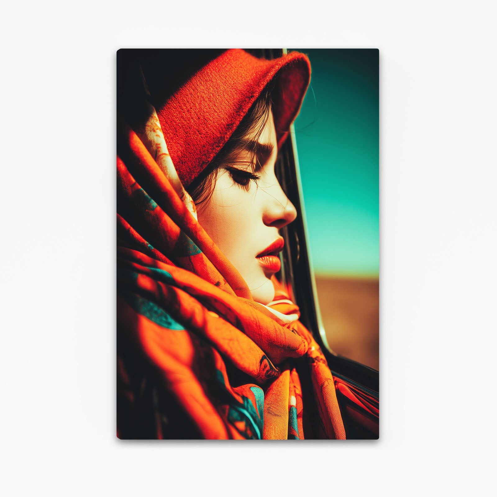 Scarlet Hat Large Photography Prints – woman in a scarlet hat and orange silk by the sea