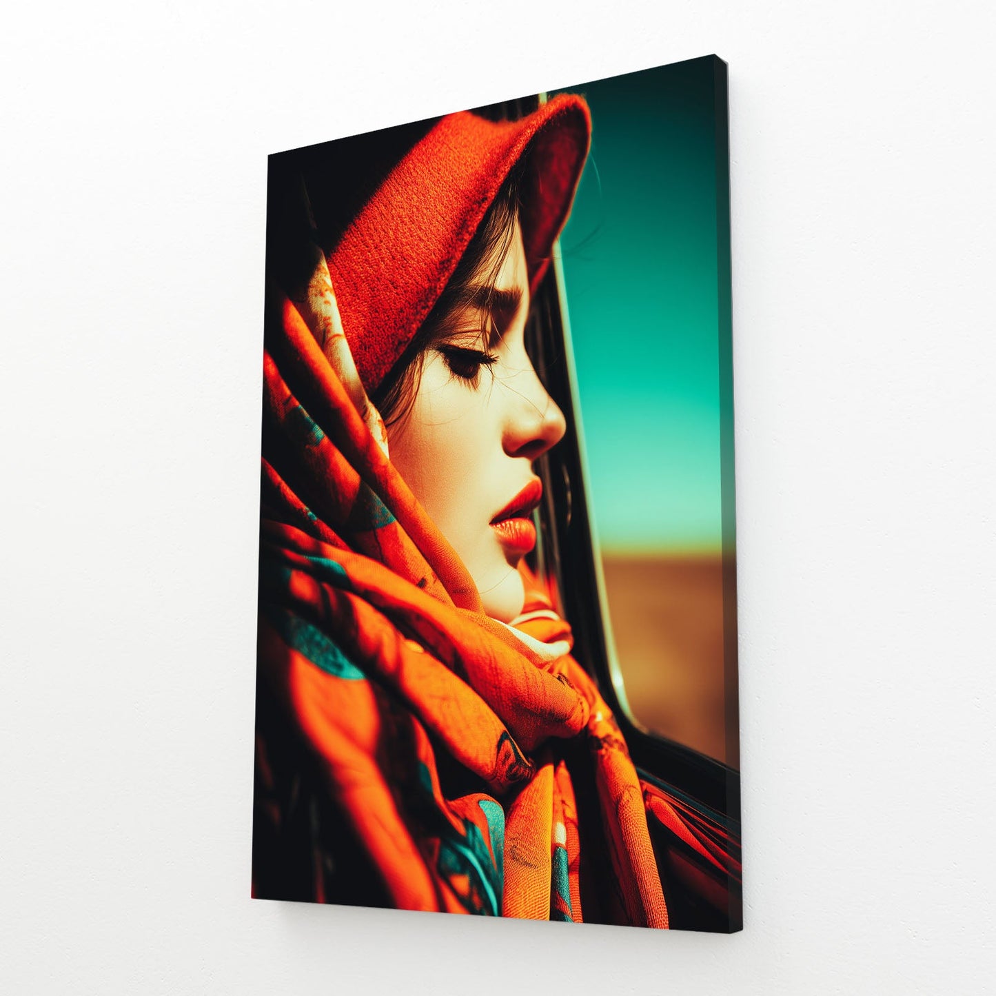 Scarlet Hat Large Photography Prints – angled canvas view on white background