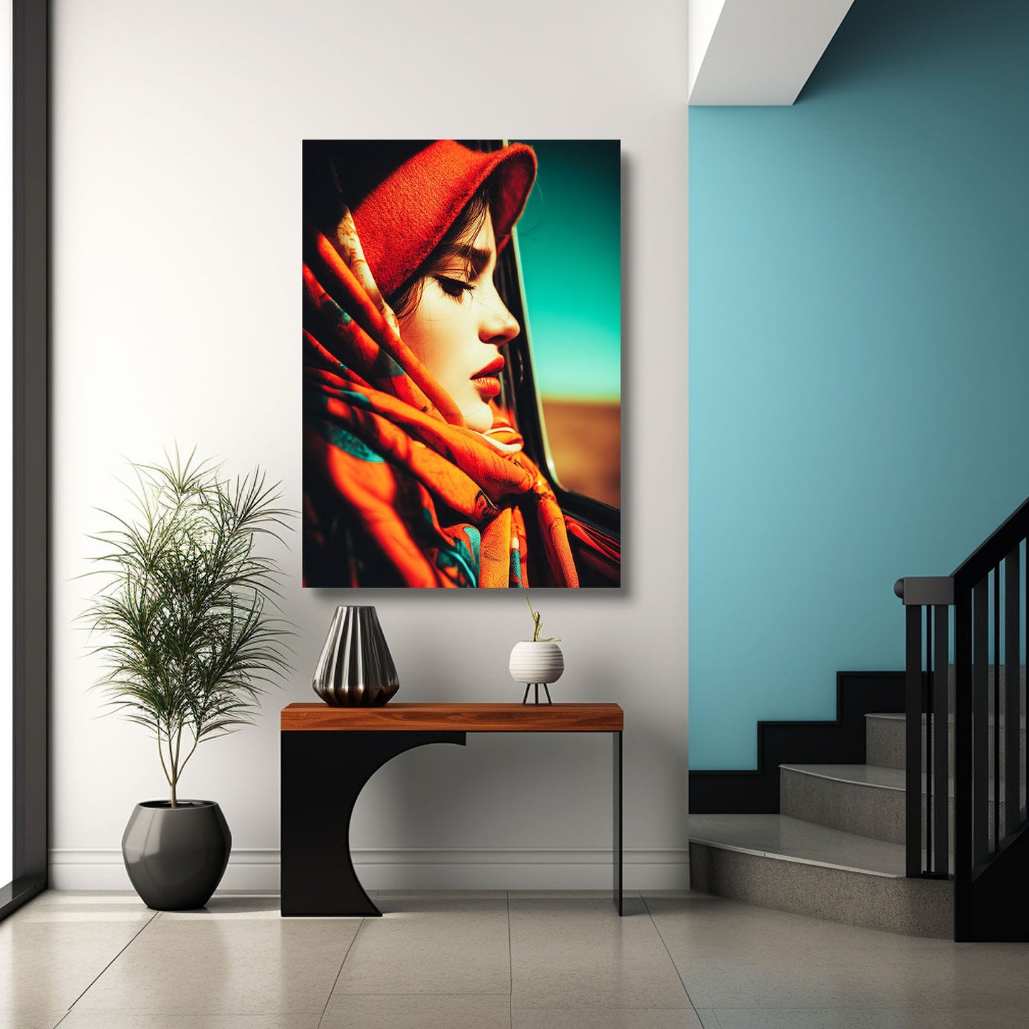 Scarlet Hat Large Photography Prints – above a console table by a staircase