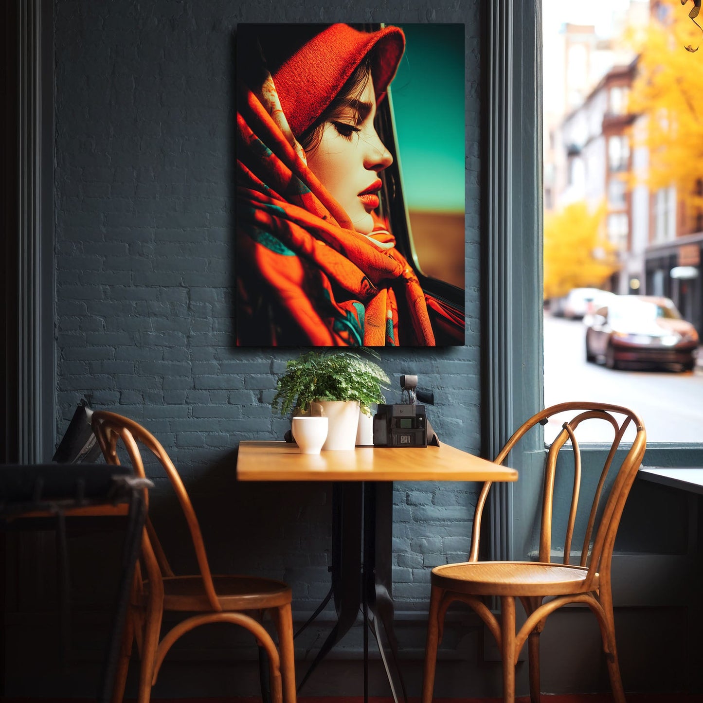 Scarlet Hat Large Photography Prints – beside a bistro table with street view