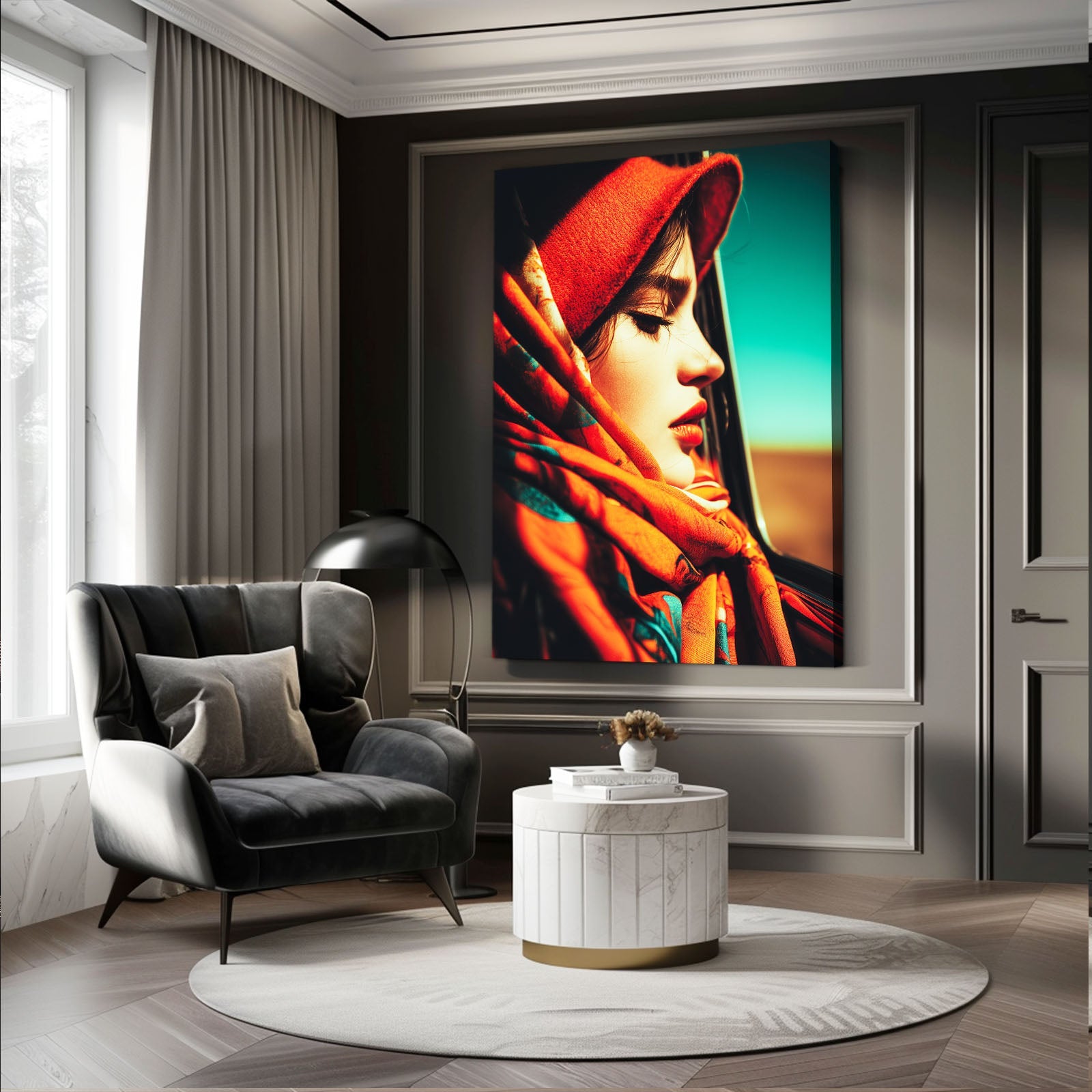 Scarlet Hat Large Photography Prints – above a black armchair in an elegant lounge