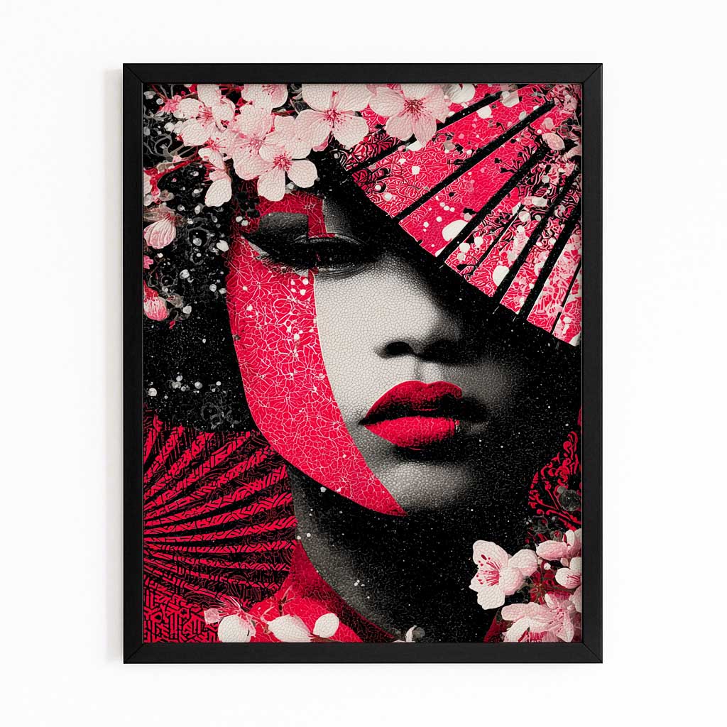 Scarlet Lips Portrait Cherry Blossom Prints – with Premium Black frame on white background