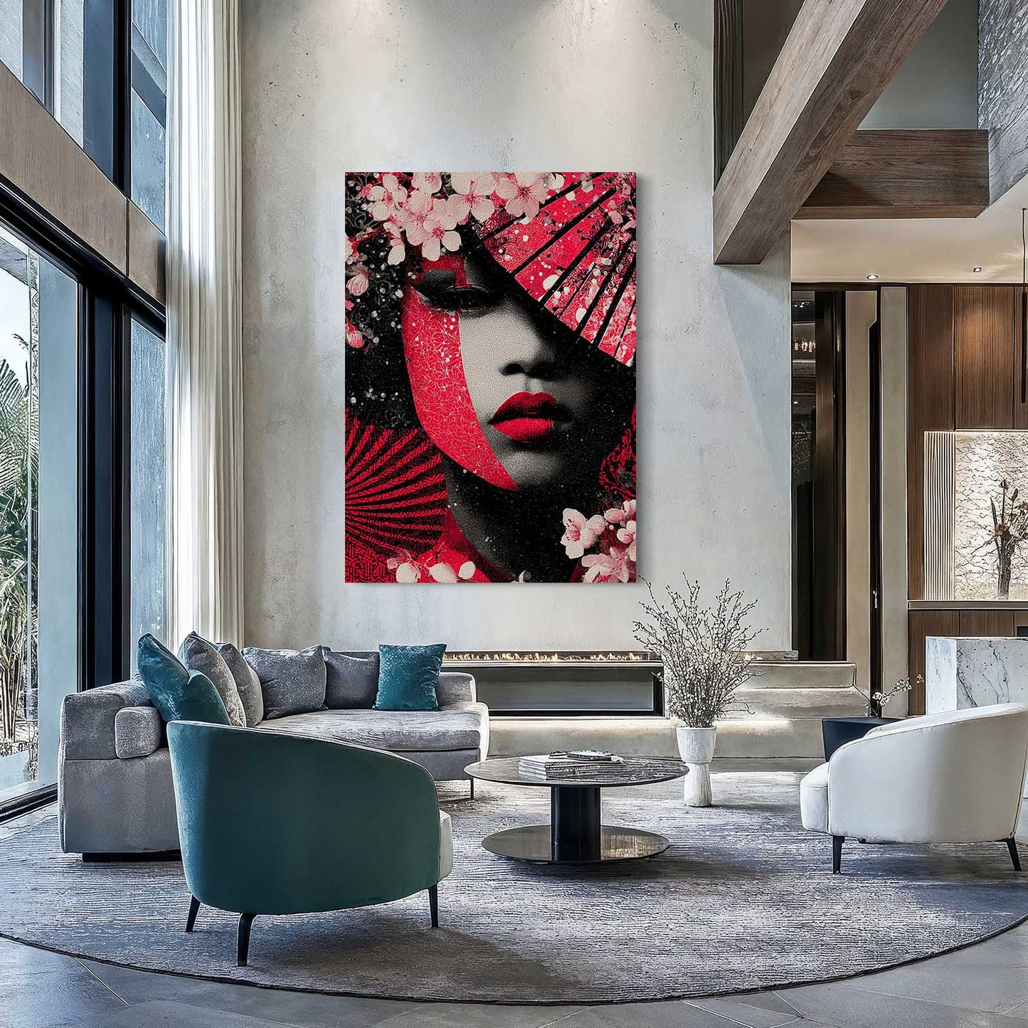 Scarlet Lips Portrait Cherry Blossom Prints – styled in a furnished interior