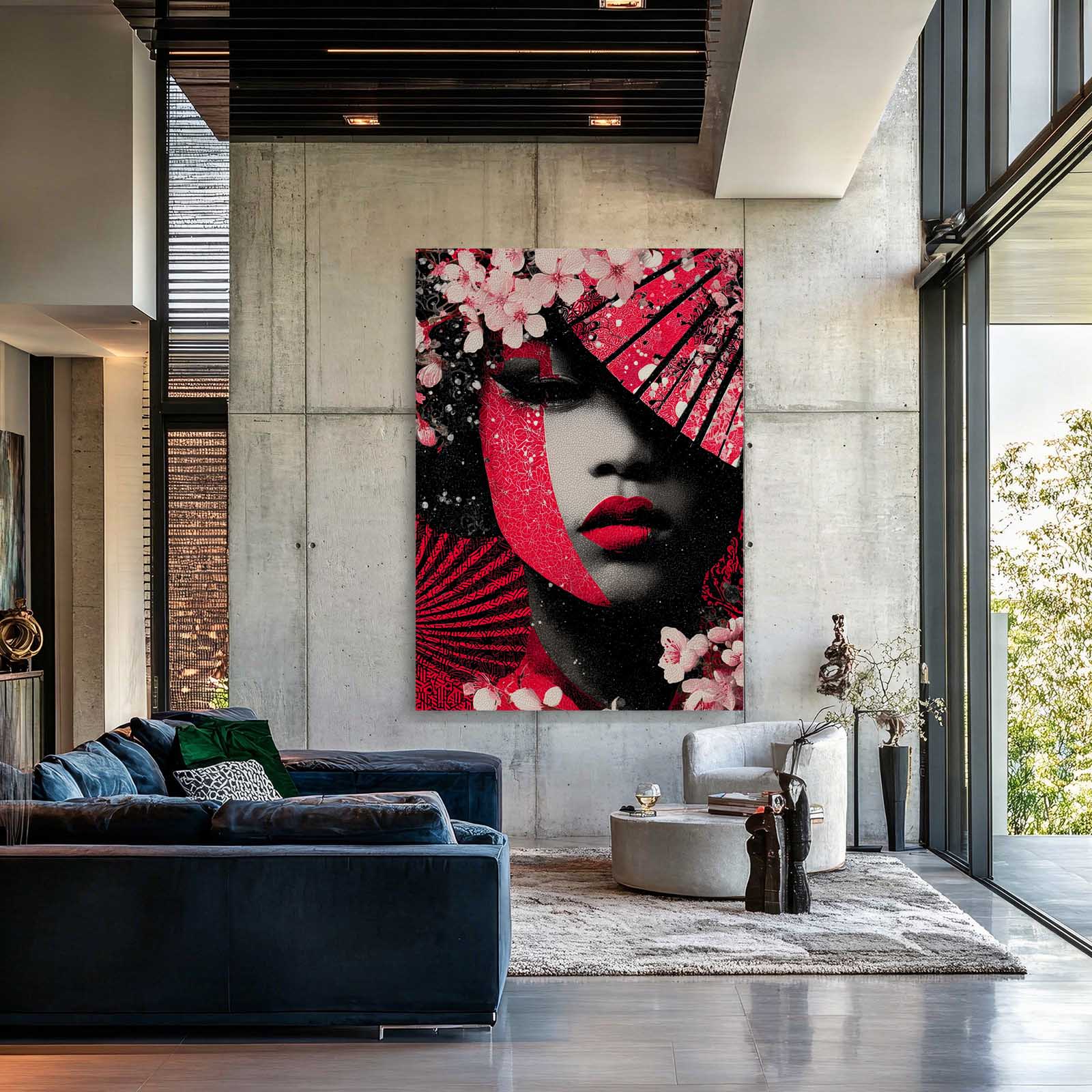 Scarlet Lips Portrait Cherry Blossom Prints – styled in a furnished interior