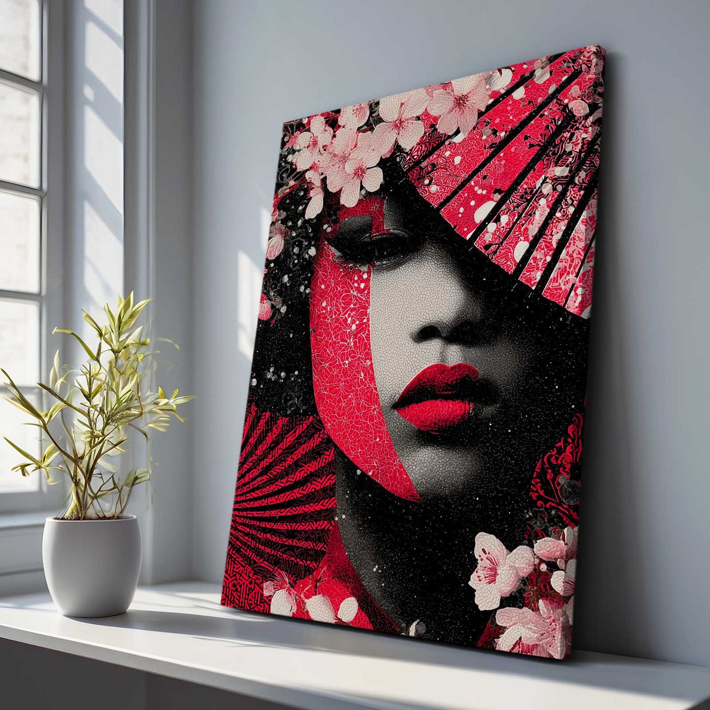 Scarlet Lips Portrait Cherry Blossom Prints – styled in a furnished interior