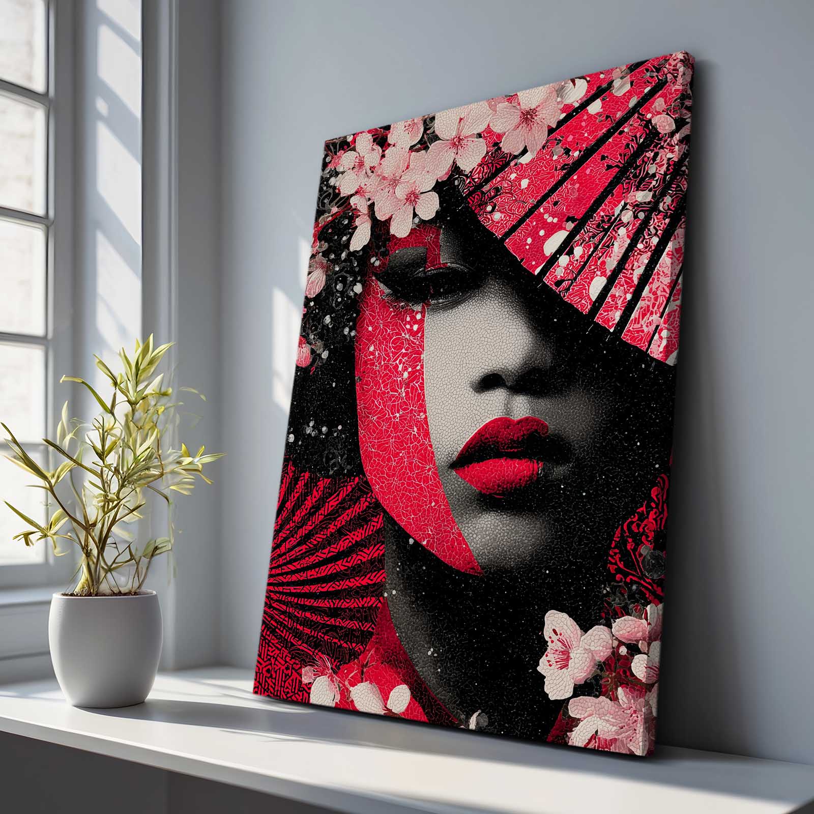 Scarlet Lips Portrait Cherry Blossom Prints – styled in a furnished interior