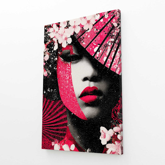Scarlet Lips Portrait Cherry Blossom Prints – angled canvas view on white background