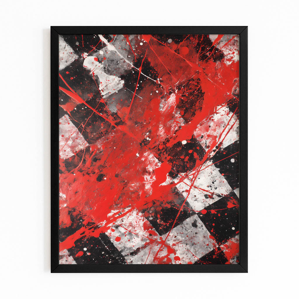 Scarlet Splatter Squares Chess Wall Decor – with Premium Black frame on white background
