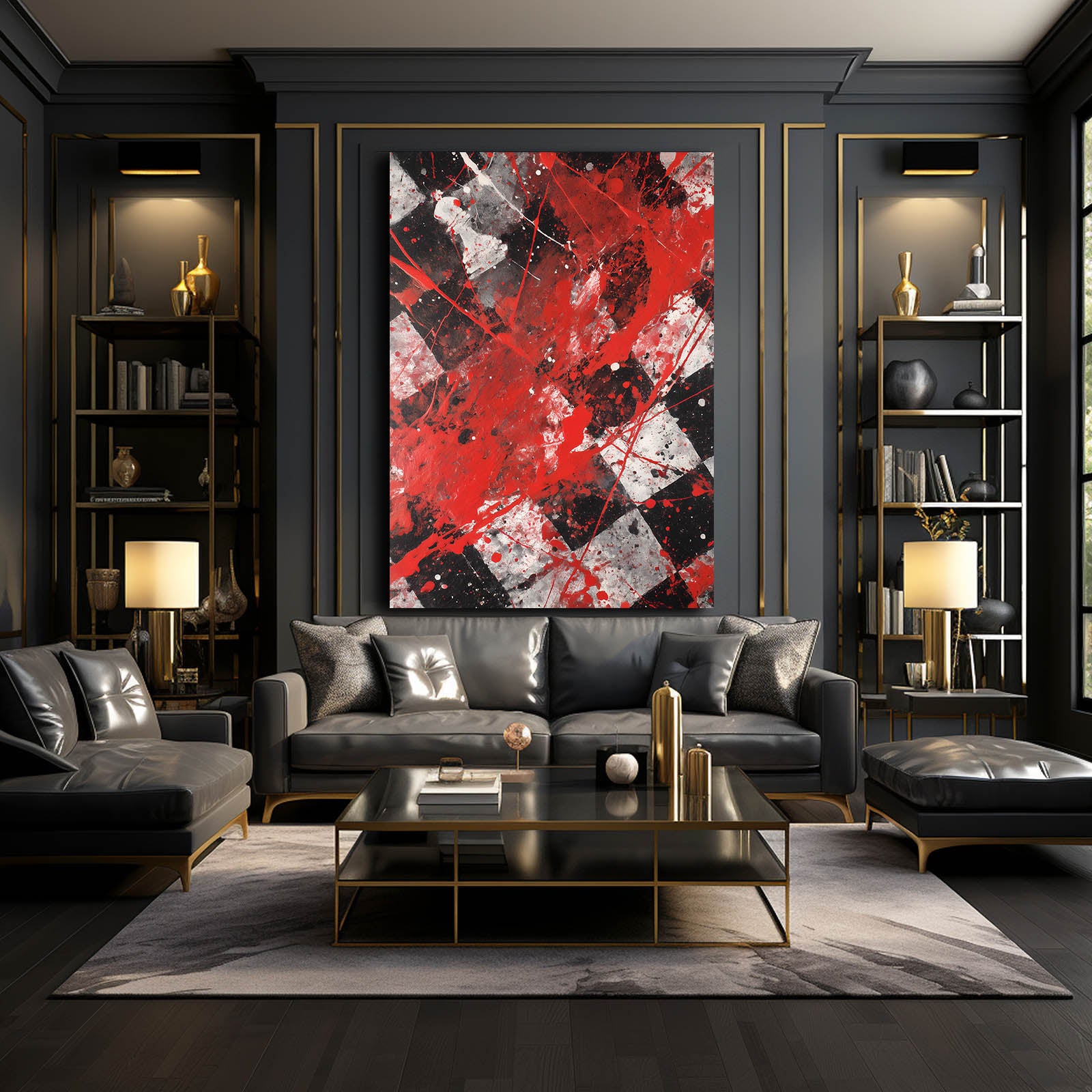 Scarlet Splatter Squares Chess Wall Decor – styled in a furnished interior