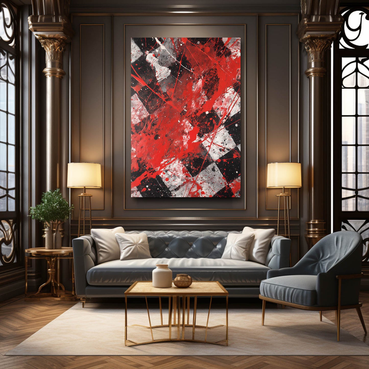Scarlet Splatter Squares Chess Wall Decor – styled in a furnished interior