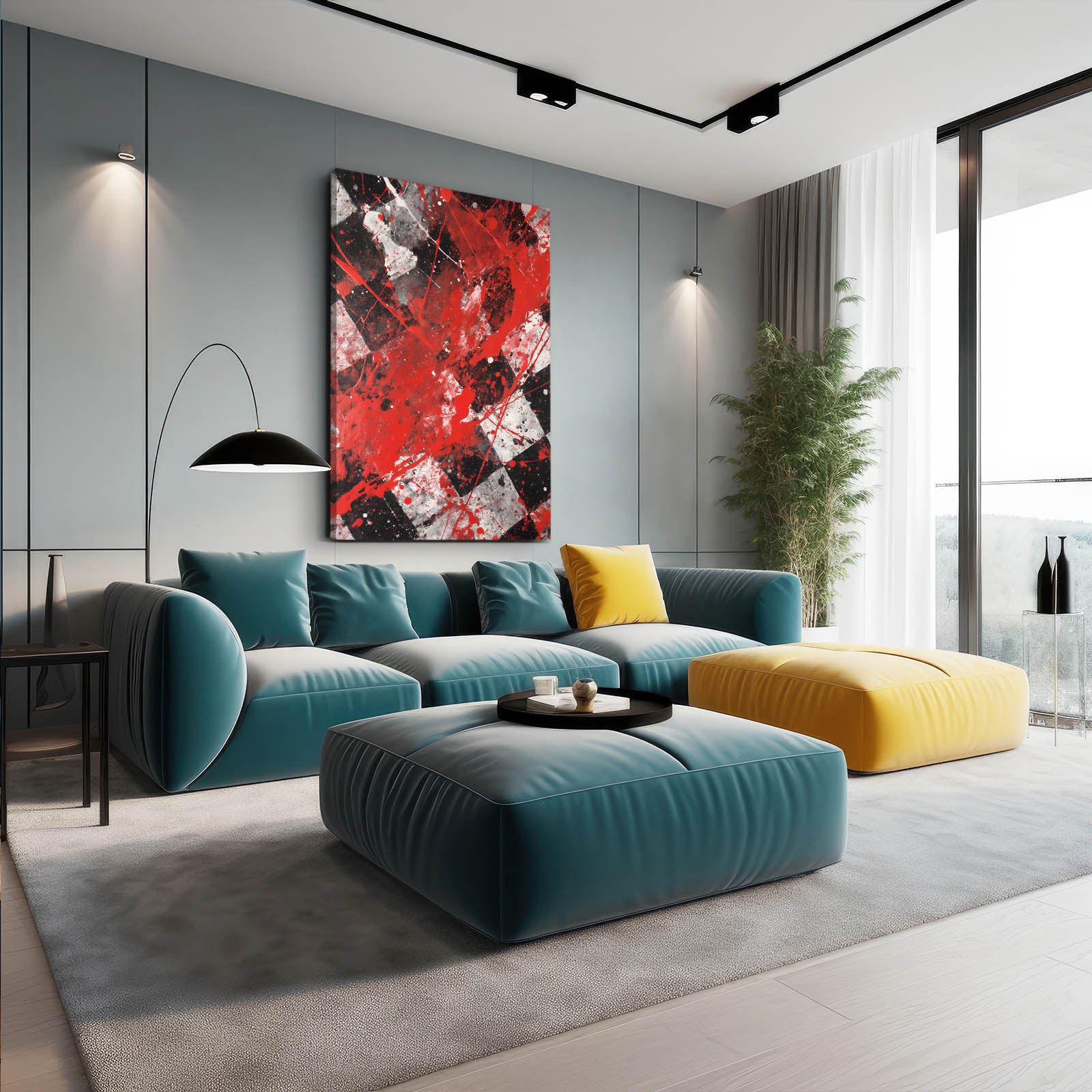 Scarlet Splatter Squares Chess Wall Decor – styled in a furnished interior