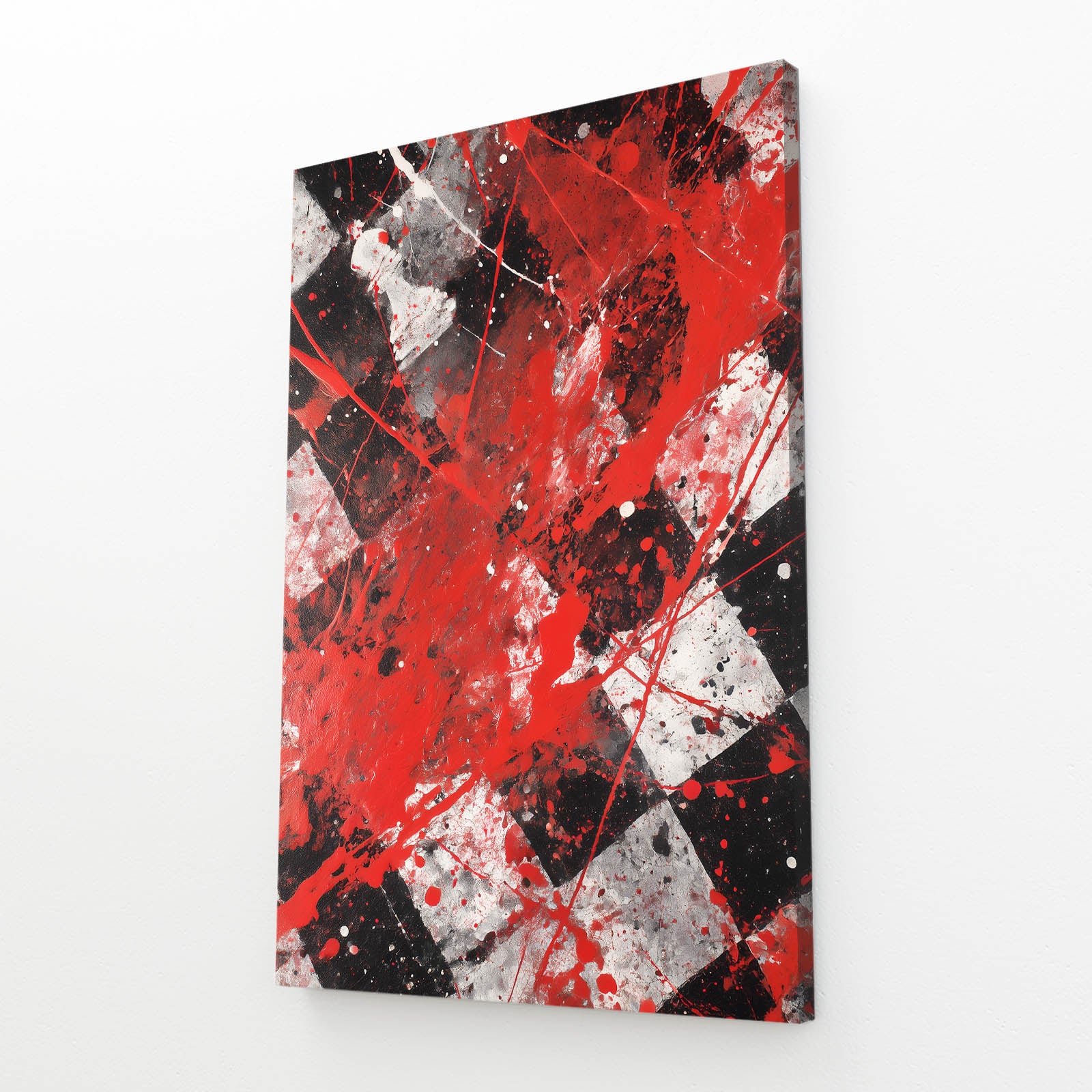 Scarlet Splatter Squares Chess Wall Decor – angled canvas view on white background