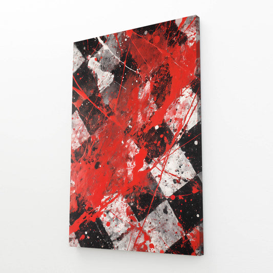 Scarlet Splatter Squares Chess Wall Decor – angled canvas view on white background