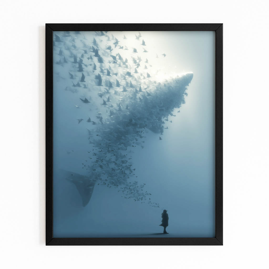 School Tornado Surreal Shark Canvas Art – with Premium Black frame on white background