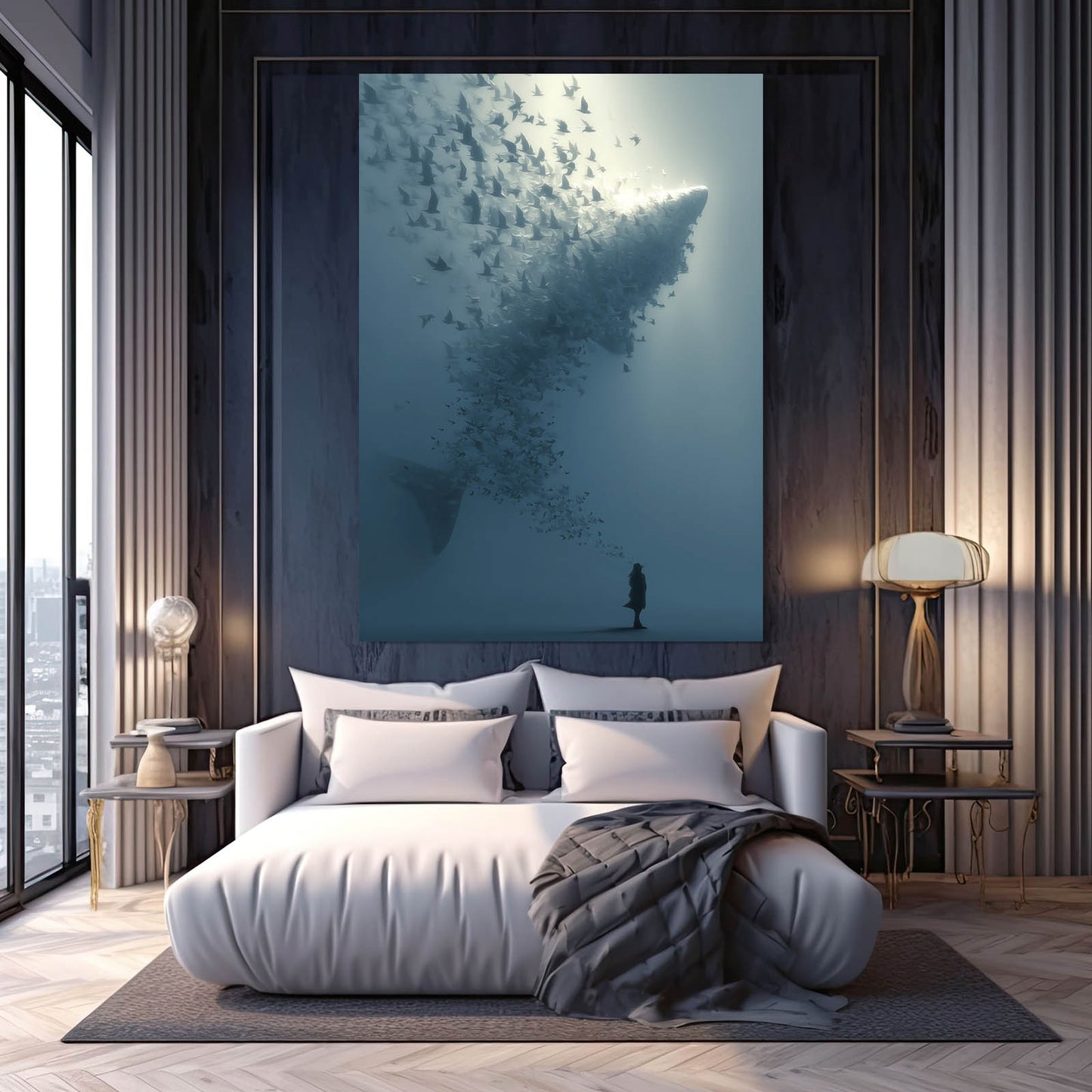 School Tornado Surreal Shark Canvas Art – styled in a furnished interior