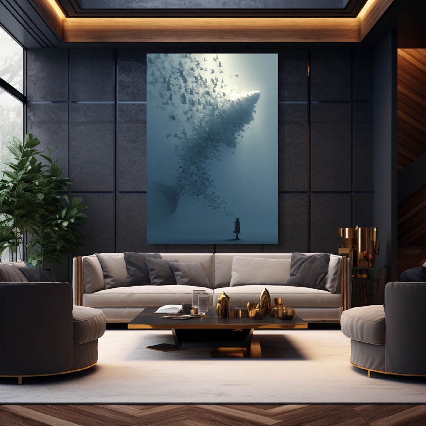 School Tornado Surreal Shark Canvas Art – styled in a furnished interior