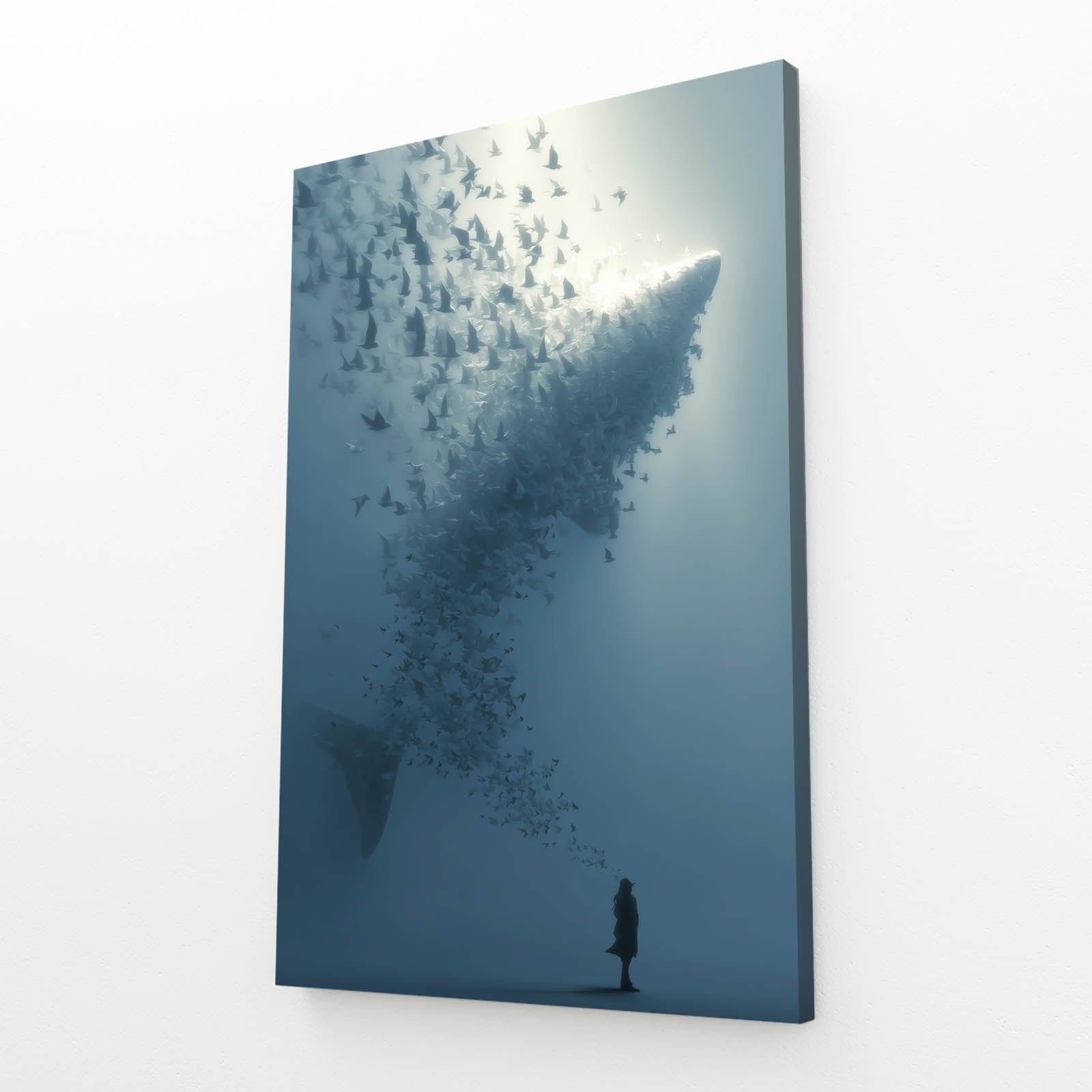 School Tornado Surreal Shark Canvas Art – angled canvas view on white background