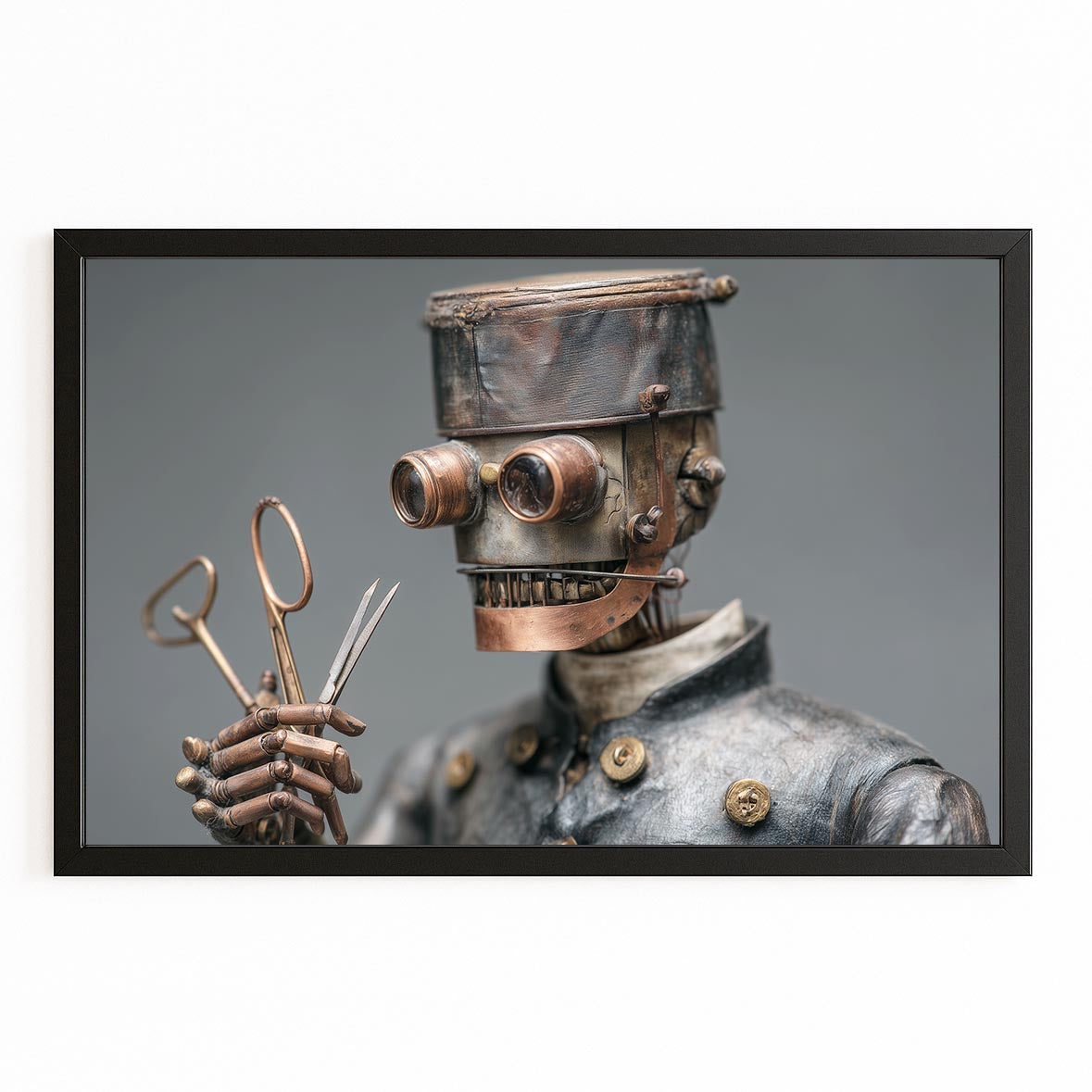 Scissor-Hand Robot Steampunk Art – with Premium Black frame on white background