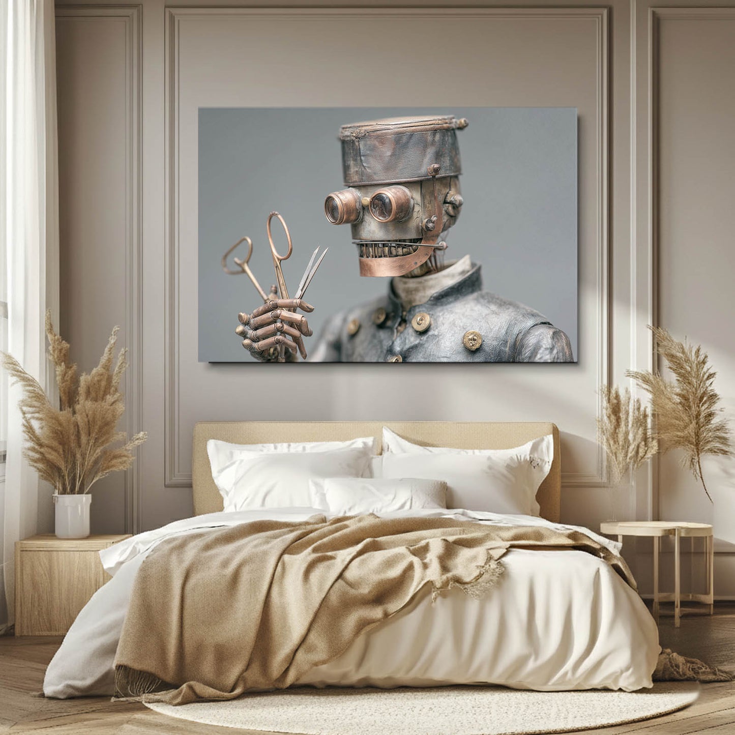 Scissor-Hand Robot Steampunk Art – styled in a furnished interior