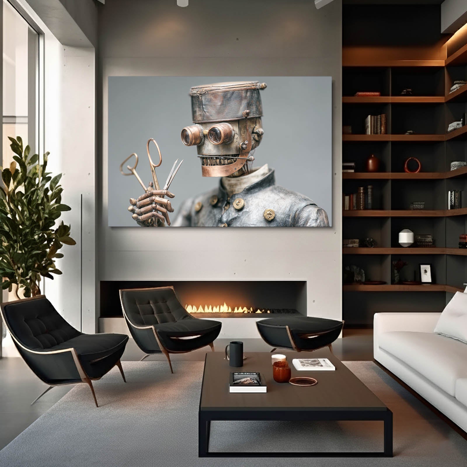 Scissor-Hand Robot Steampunk Art – styled in a furnished interior