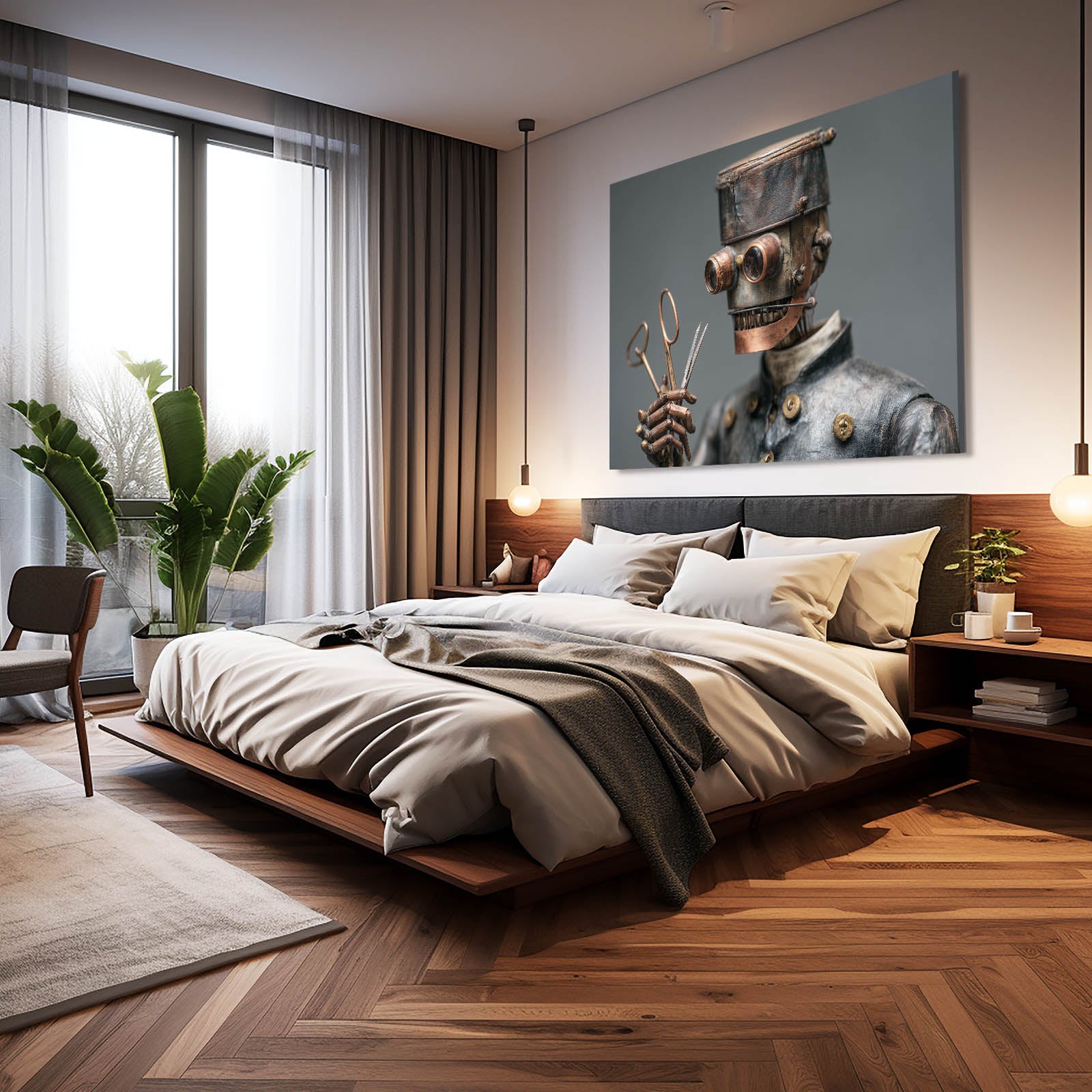 Scissor-Hand Robot Steampunk Art – styled in a furnished interior