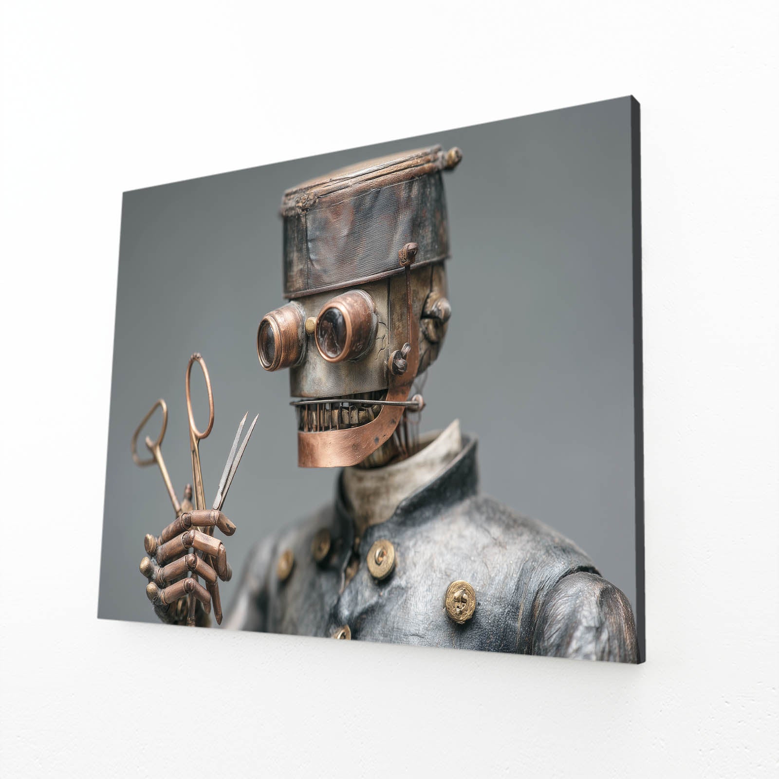 Scissor-Hand Robot Steampunk Art – angled canvas view on white background