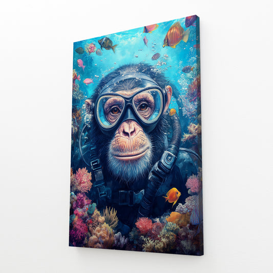Scuba Reef Dive Monkey Canvas Art – angled canvas view on white background