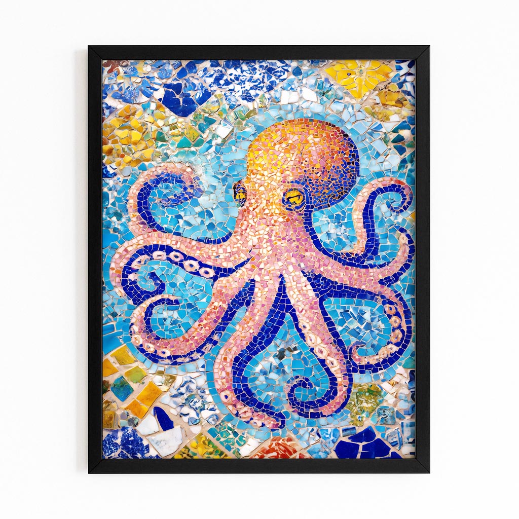Sea Glass Mosaic Octopus Prints – with Premium Black frame on white background