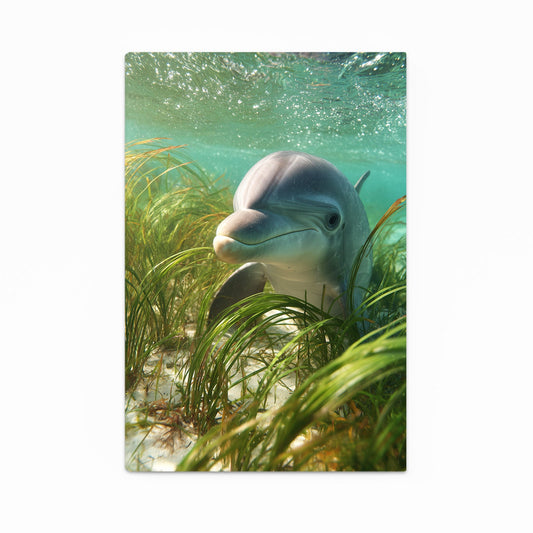 Seagrass Peek Dolphin Art – curious dolphin peeking through swaying green seagrass underwater