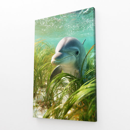 Seagrass Peek Dolphin Art – angled canvas view on white background