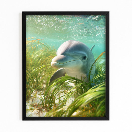 Seagrass Peek Dolphin Art – with Premium Black wood frame on white background