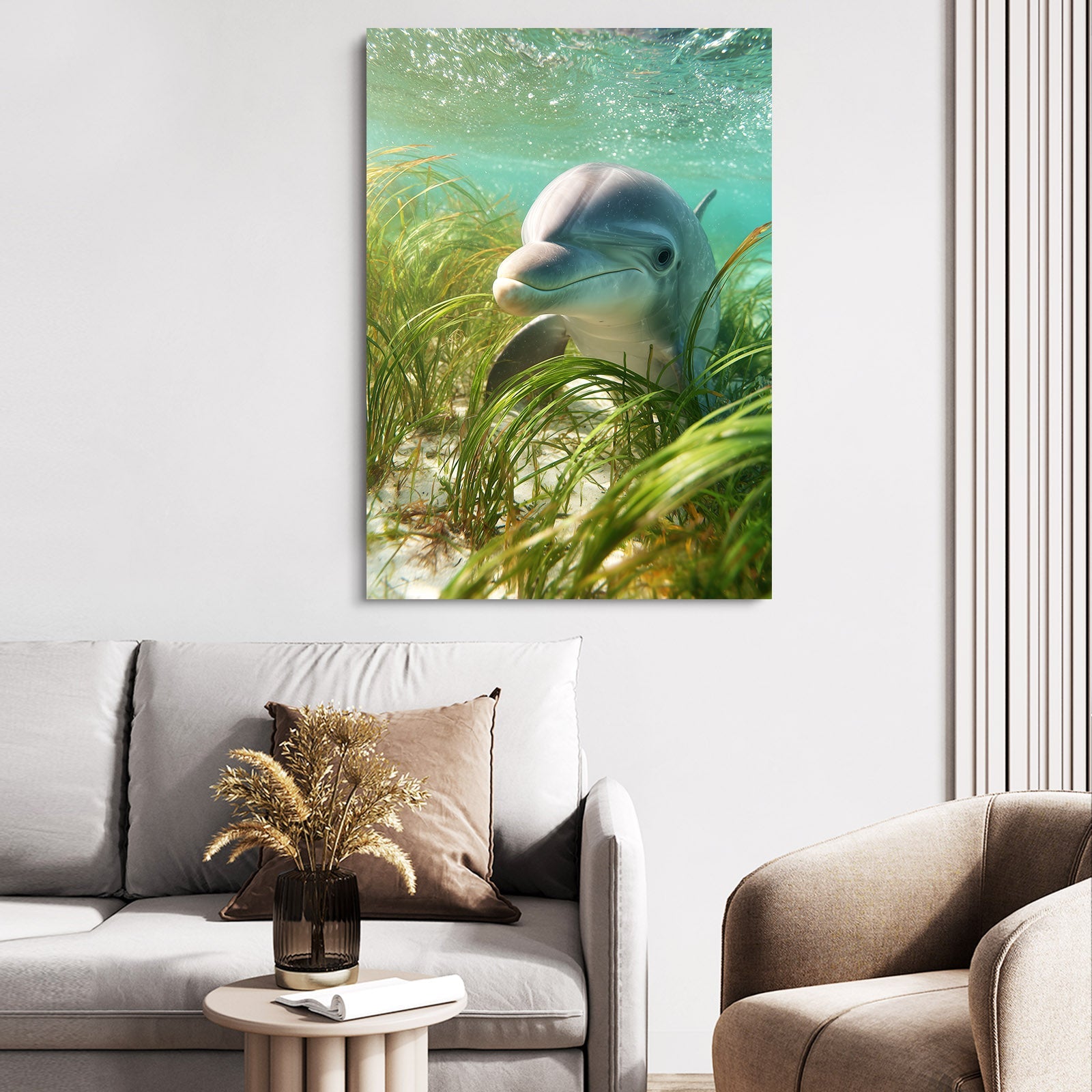 Seagrass Peek Dolphin Art – styled in a furnished interior