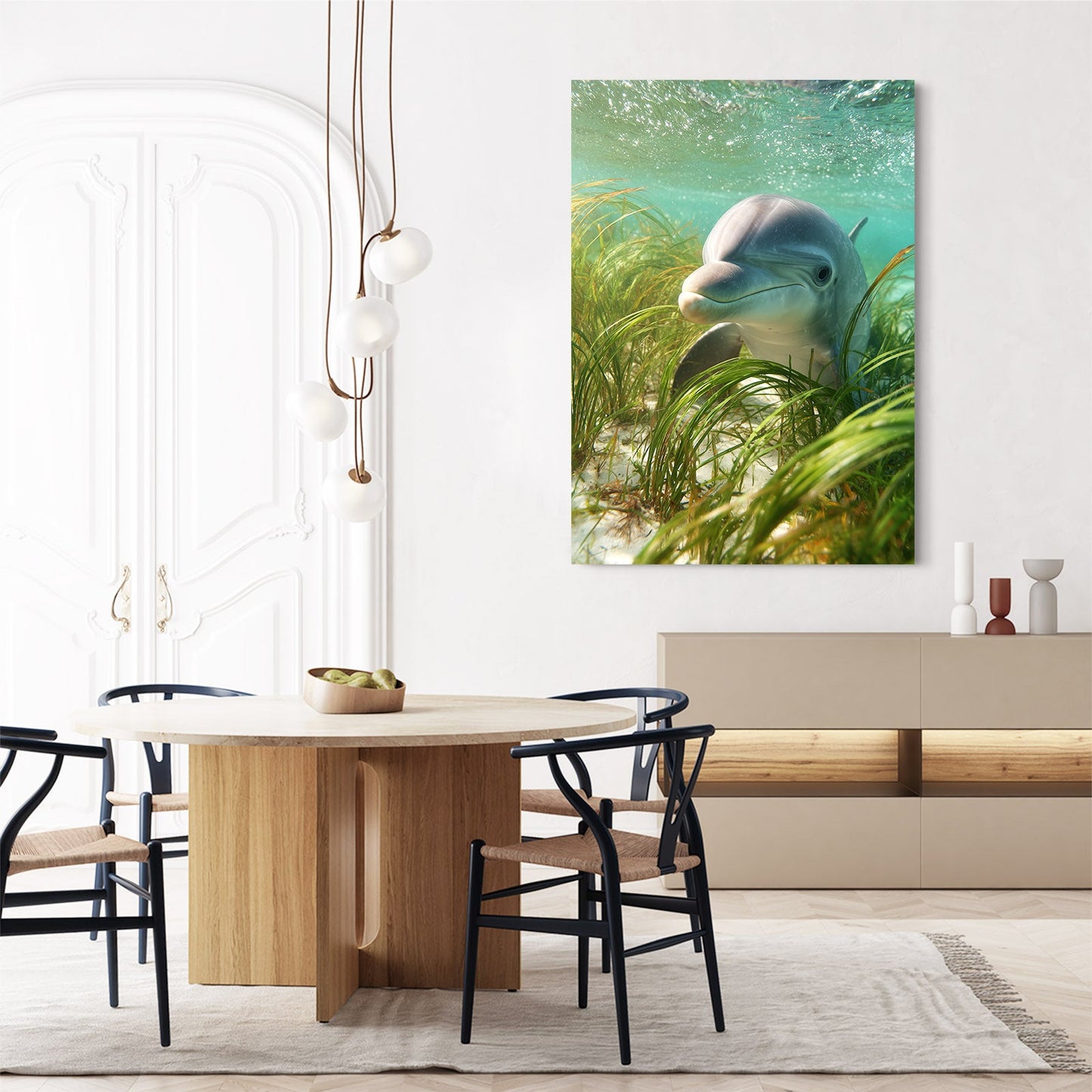 Seagrass Peek Dolphin Art – styled in a furnished interior