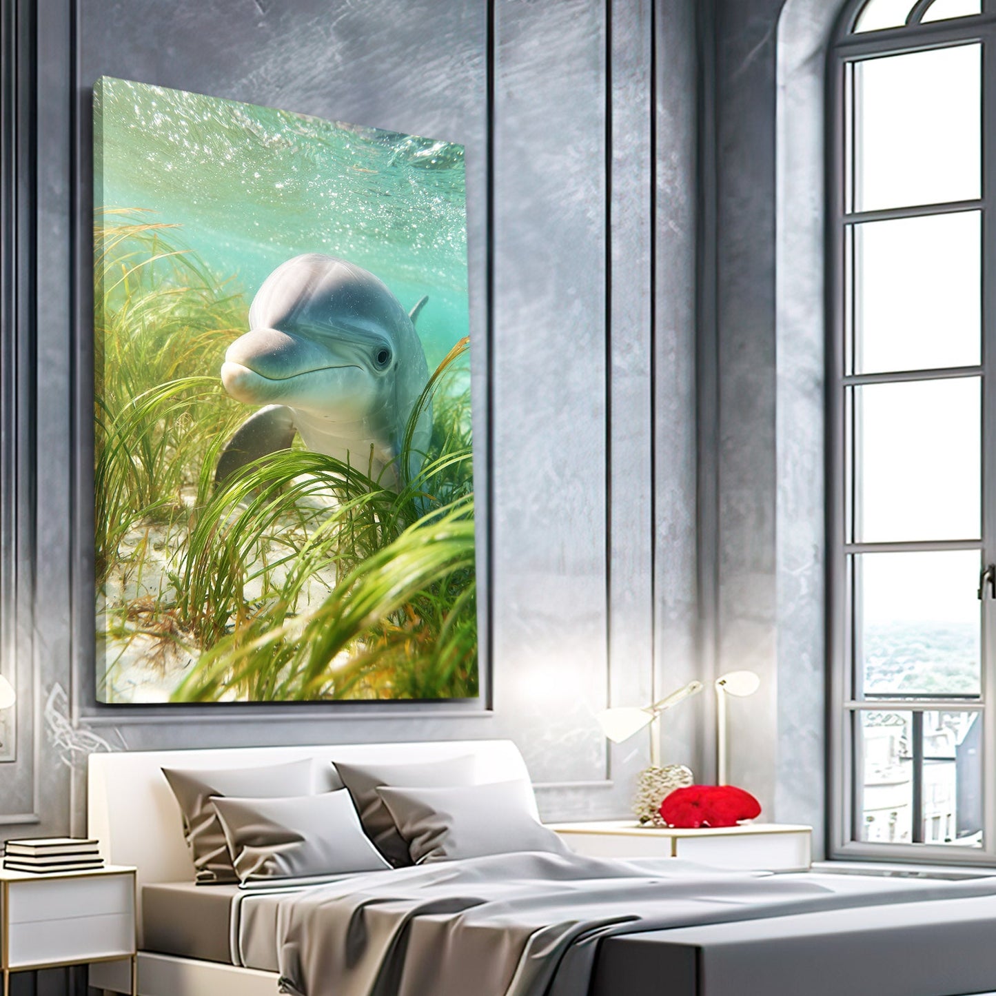 Seagrass Peek Dolphin Art – styled in a furnished interior
