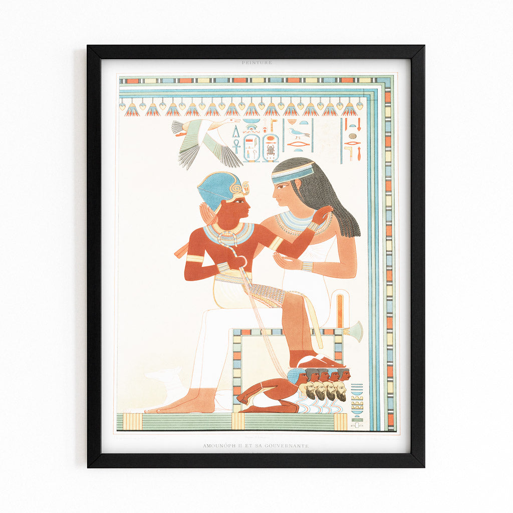 Seated Couple Illustration Egyptian Canvas – with Premium Black frame on white background