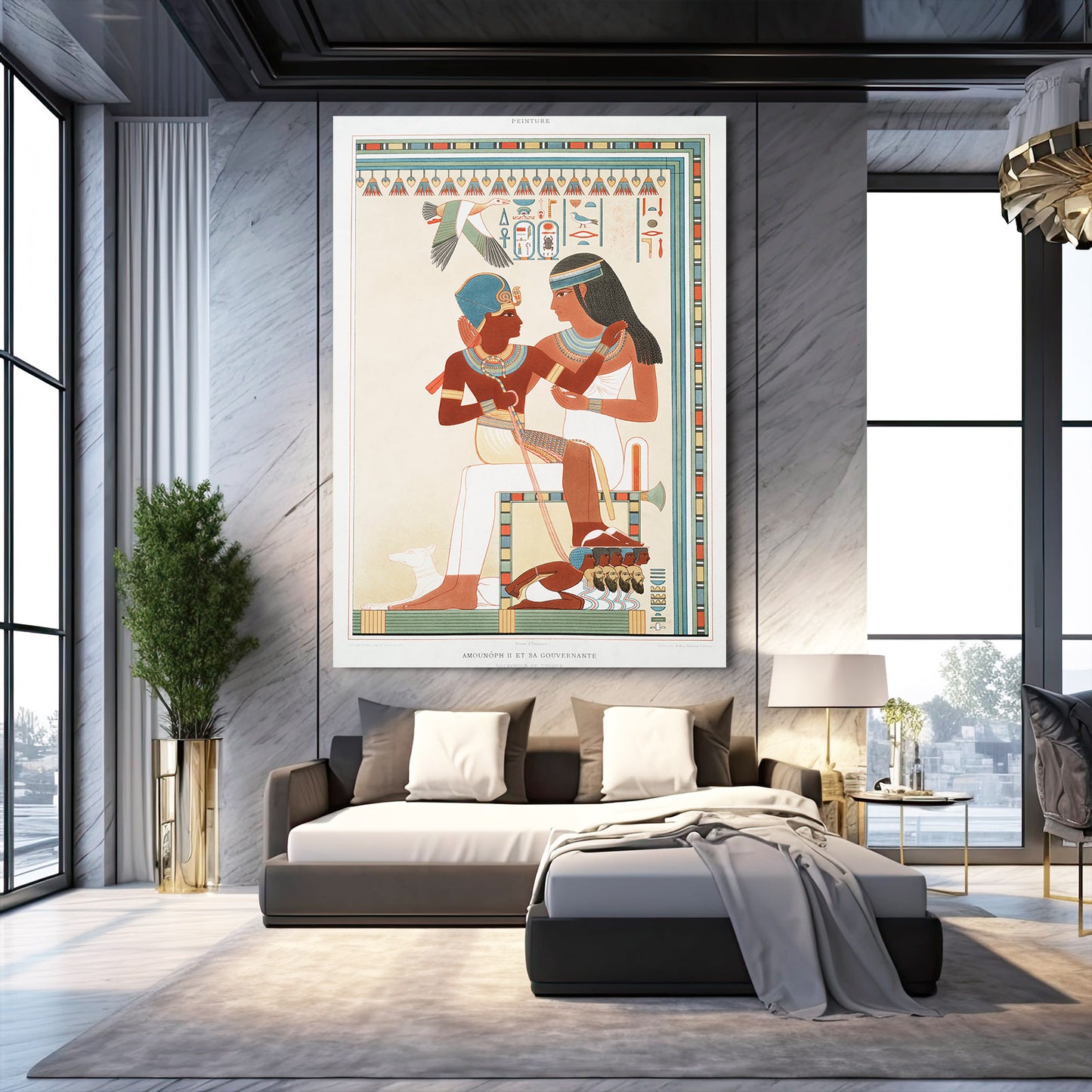 Seated Couple Illustration Egyptian Canvas – styled in a furnished interior