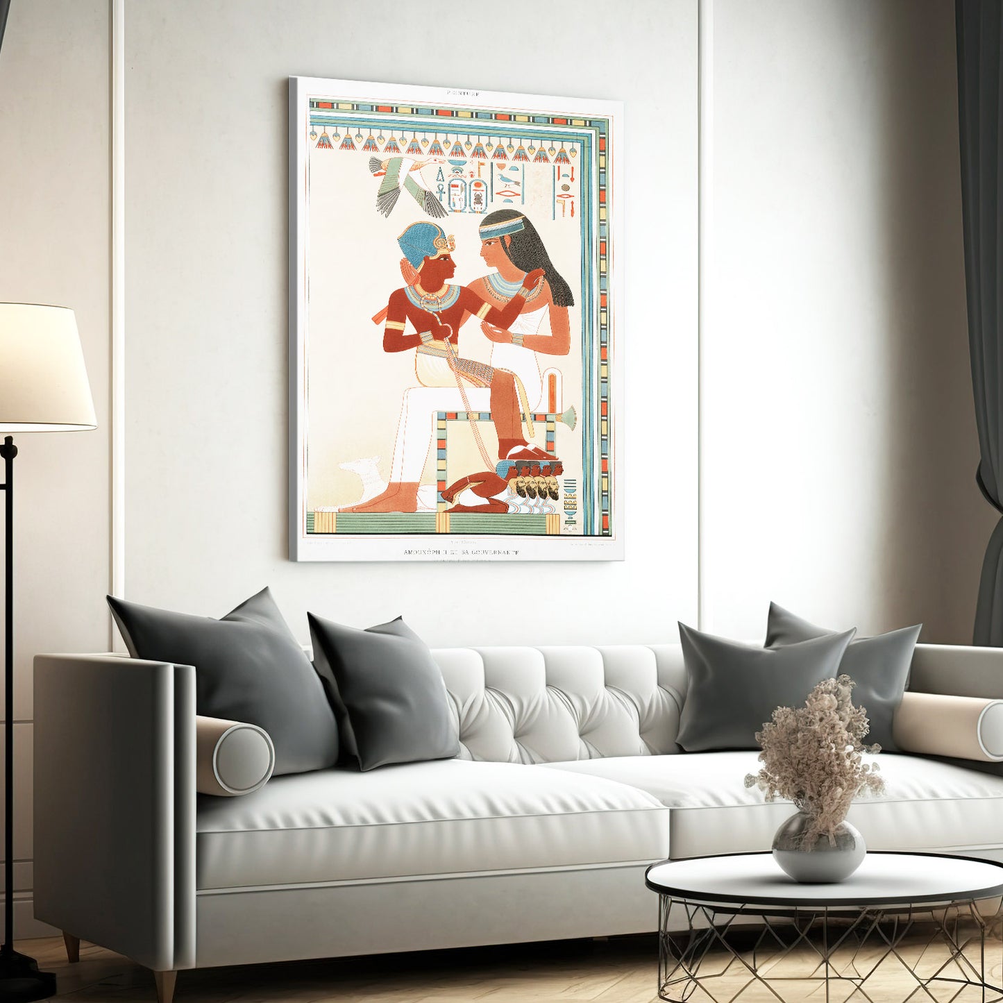 Seated Couple Illustration Egyptian Canvas – styled in a furnished interior