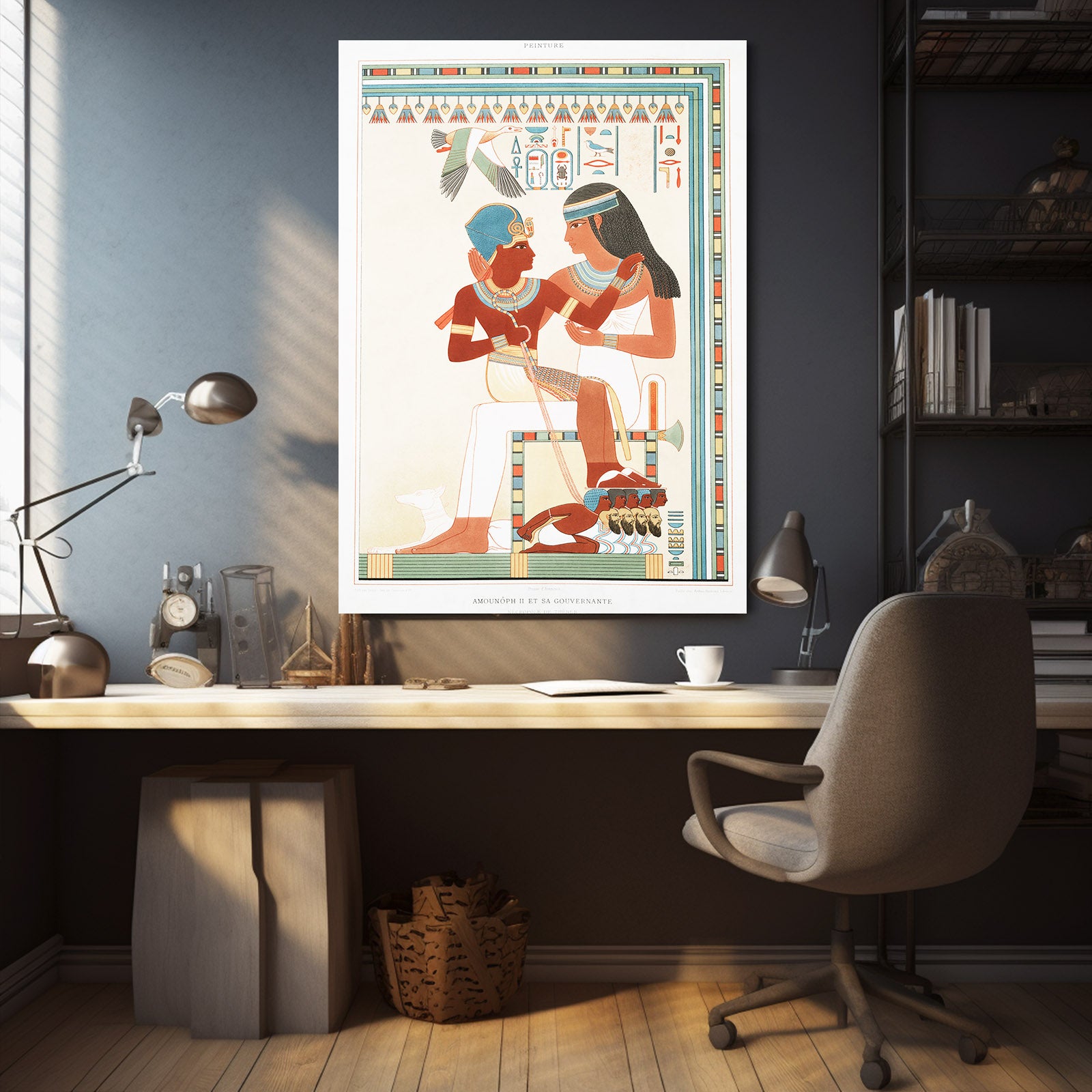 Seated Couple Illustration Egyptian Canvas – styled in a furnished interior