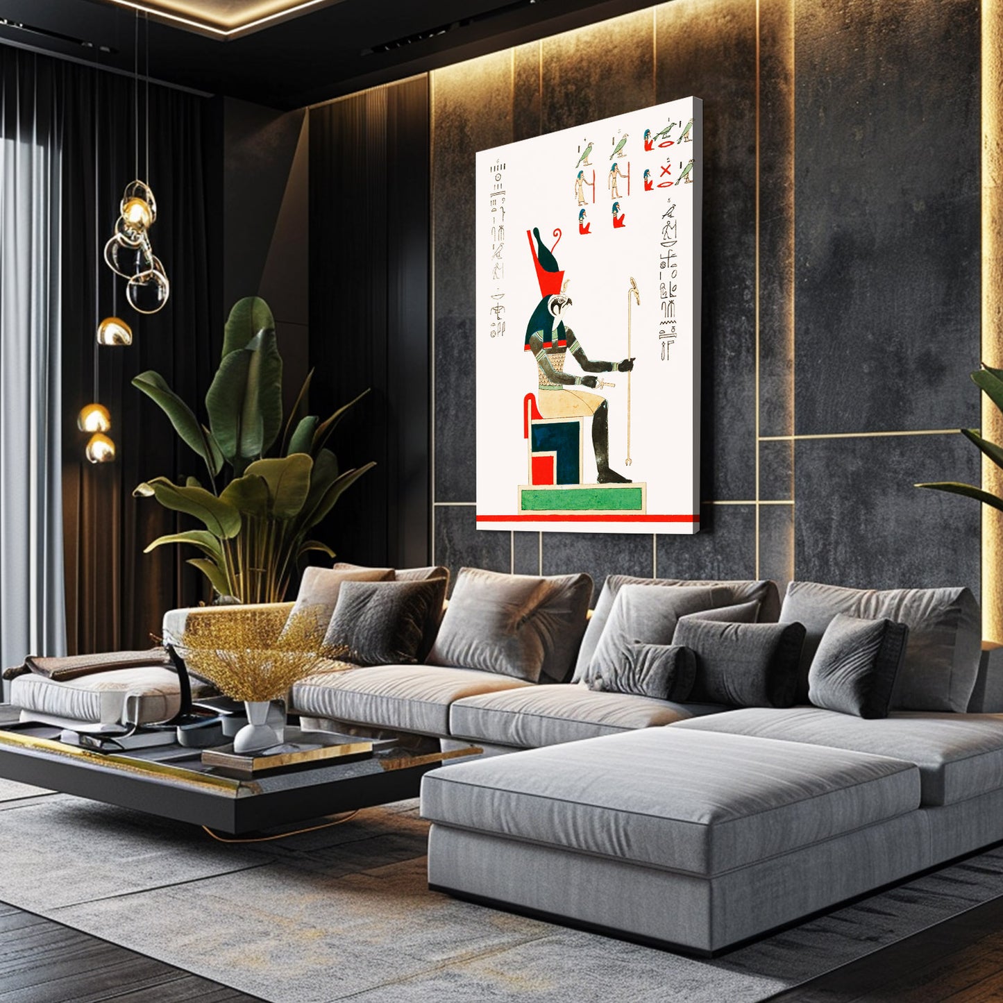 Seated Pharaoh Sketch Egyptian Prints – styled in a furnished interior
