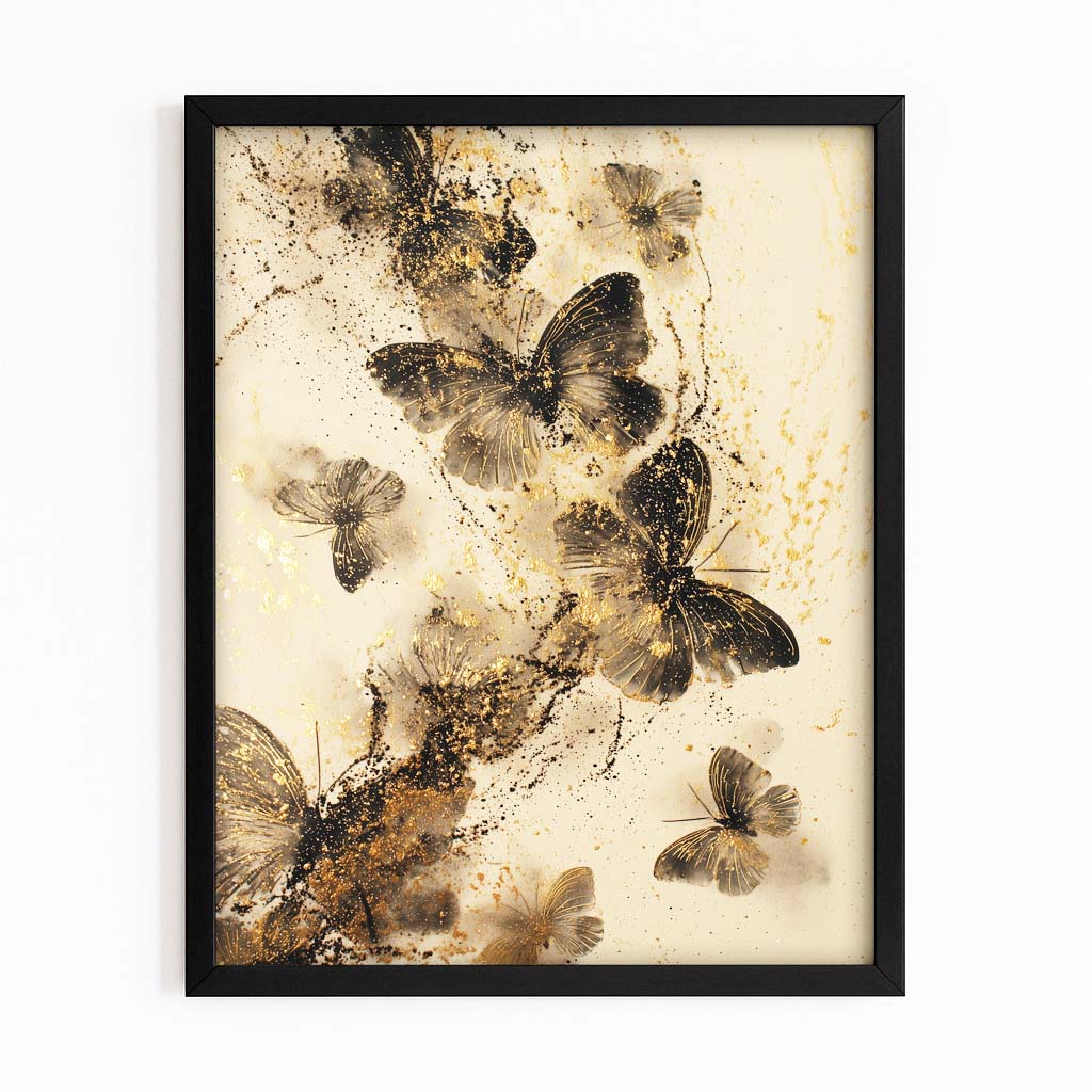 Sepia Butterfly Drift Gold Art – with Premium Black frame on white background